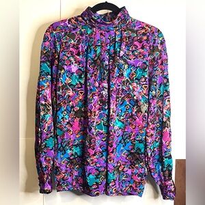 Vintage Tess 80s Bold Abstract Floral Polyester Long Sleeve Blouse Dopamine
